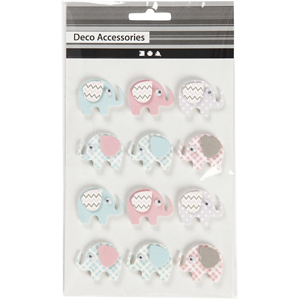 3D Stickers, elefanter, H: 25 mm, B: 31 mm, tjocklek 7 mm, 12 st./ 1 förp. [HOB-27096]