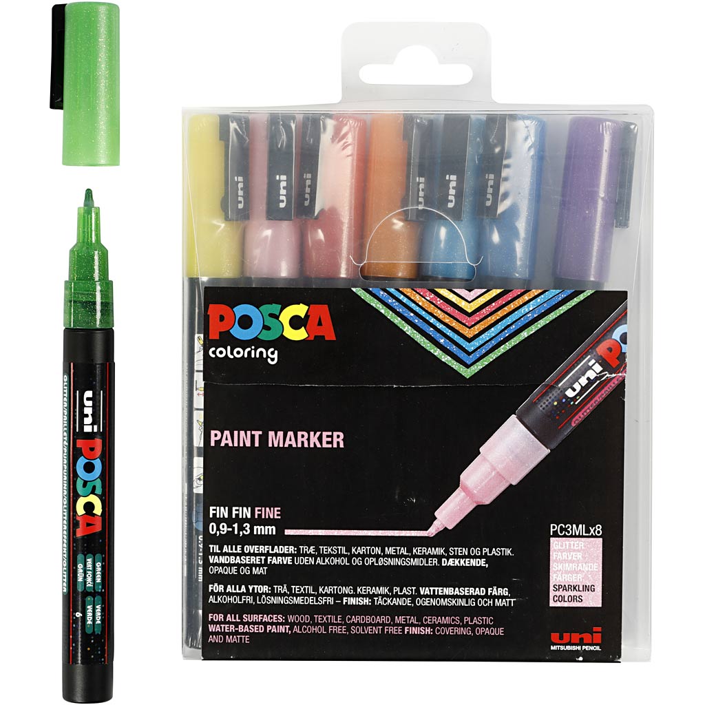 Posca Marker , nr. PC-3ML, spets 0,9-1,3 mm, glitter färger, 8 st./ 1 förp. [HOB-274899]