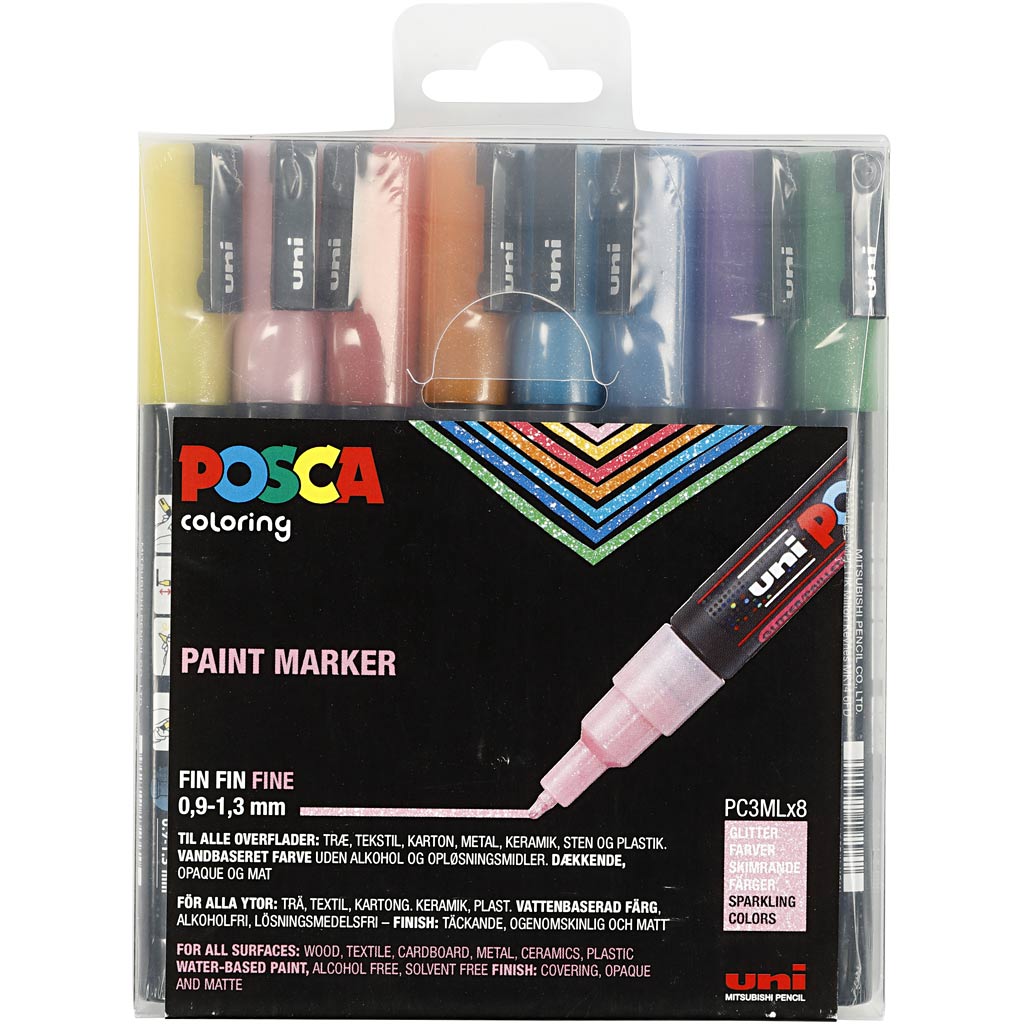 Posca Marker , nr. PC-3ML, spets 0,9-1,3 mm, glitter färger, 8 st./ 1 förp. [HOB-274899]