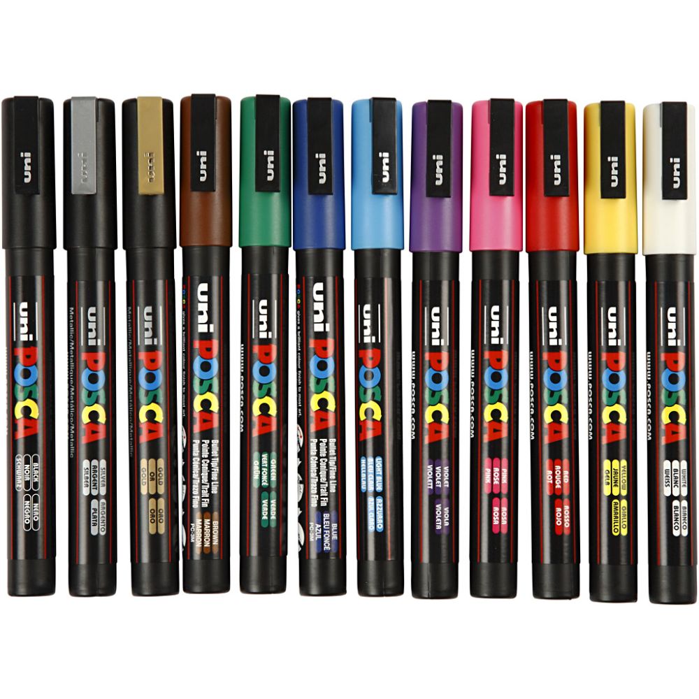 Posca Marker , nr. PC-3M, spets 0,9-1,3 mm, Fine, mixade färger, 12 st./ 1 förp. [HOB-274900]