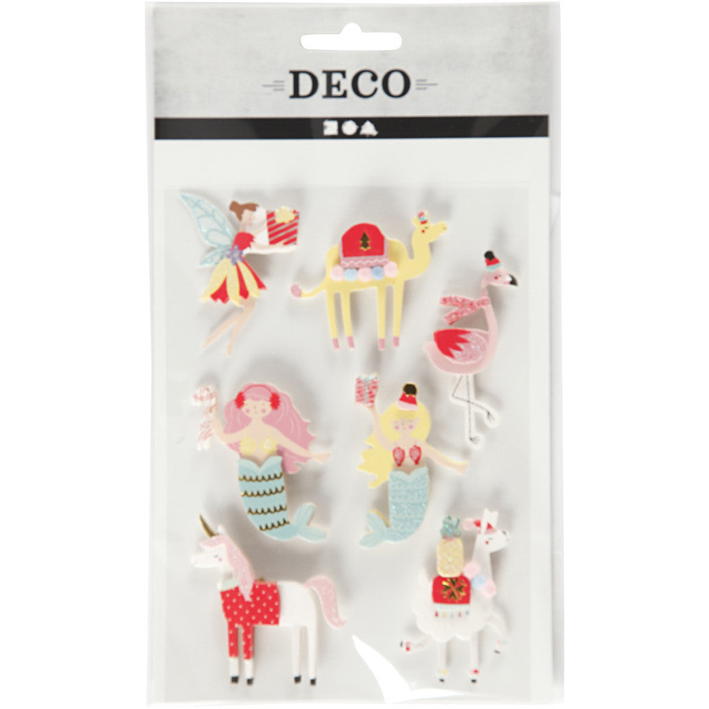 3D Stickers, flamingo, lama, sjöjungfru, H: 50-60 mm, B: 30-45 mm, tjocklek 7 mm, 7 st./ 1 förp. [HOB-27695]