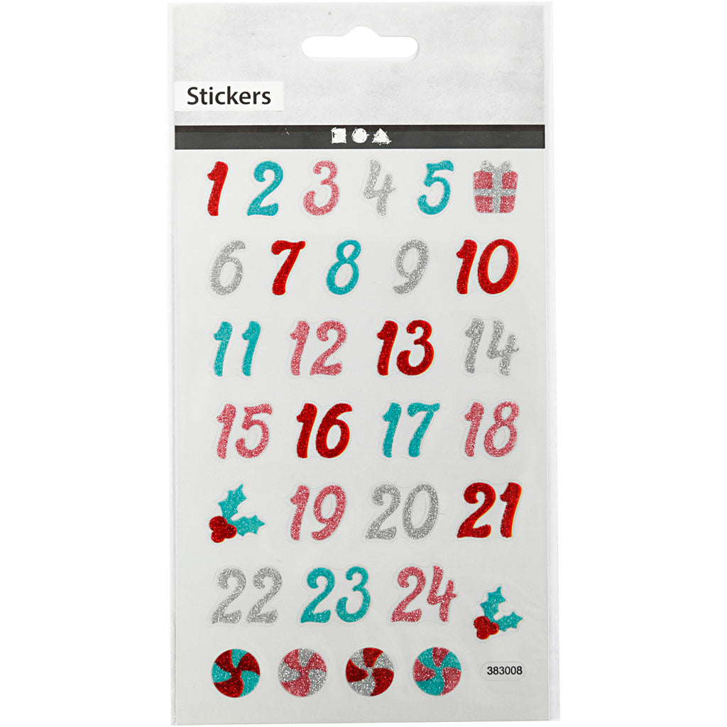 Glitterstickers, kalendersiffror, ark 10x16 cm, 1 ark [HOB-280011]