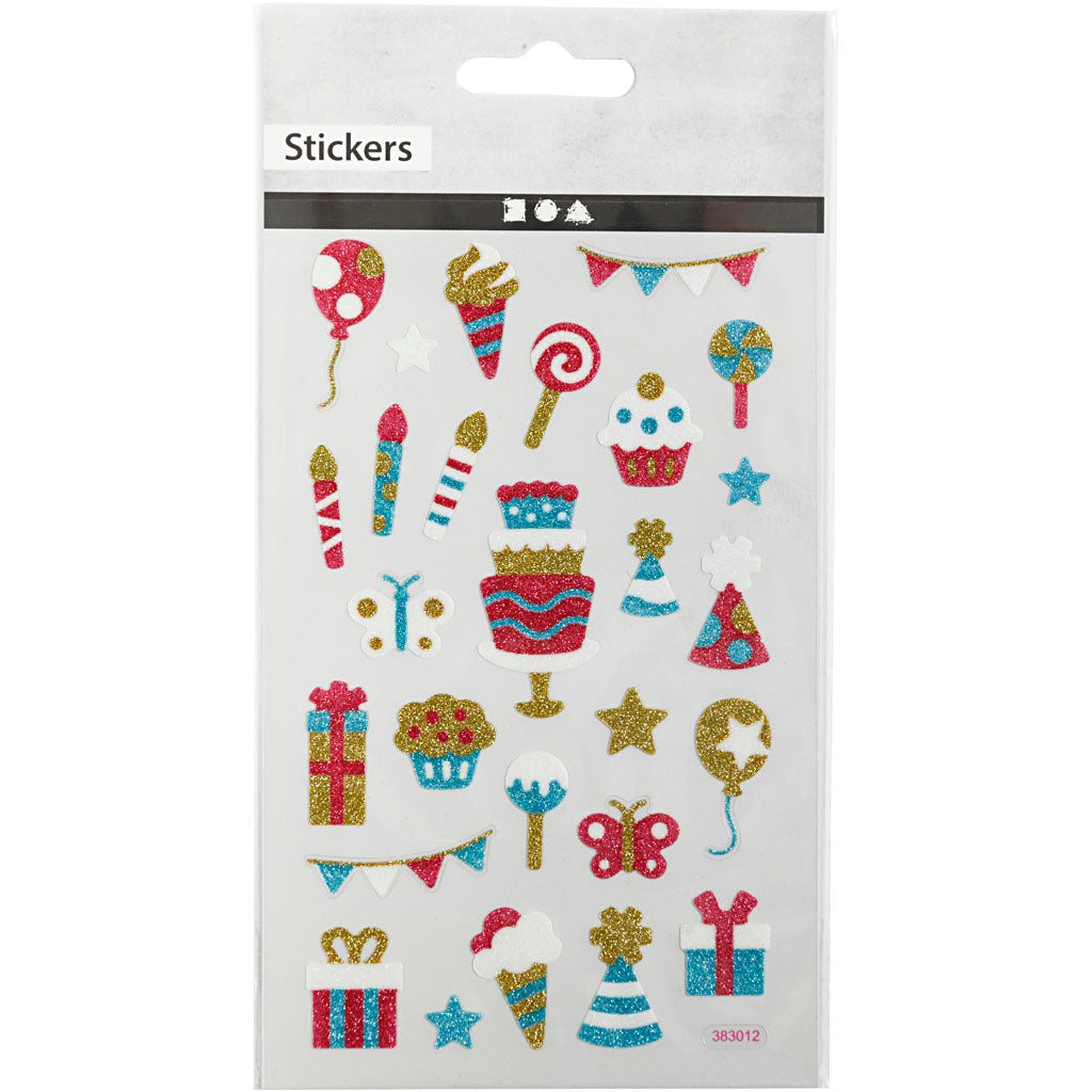 Glitterstickers, födelsedag, ark 10x16 cm, 1 ark [HOB-280016]