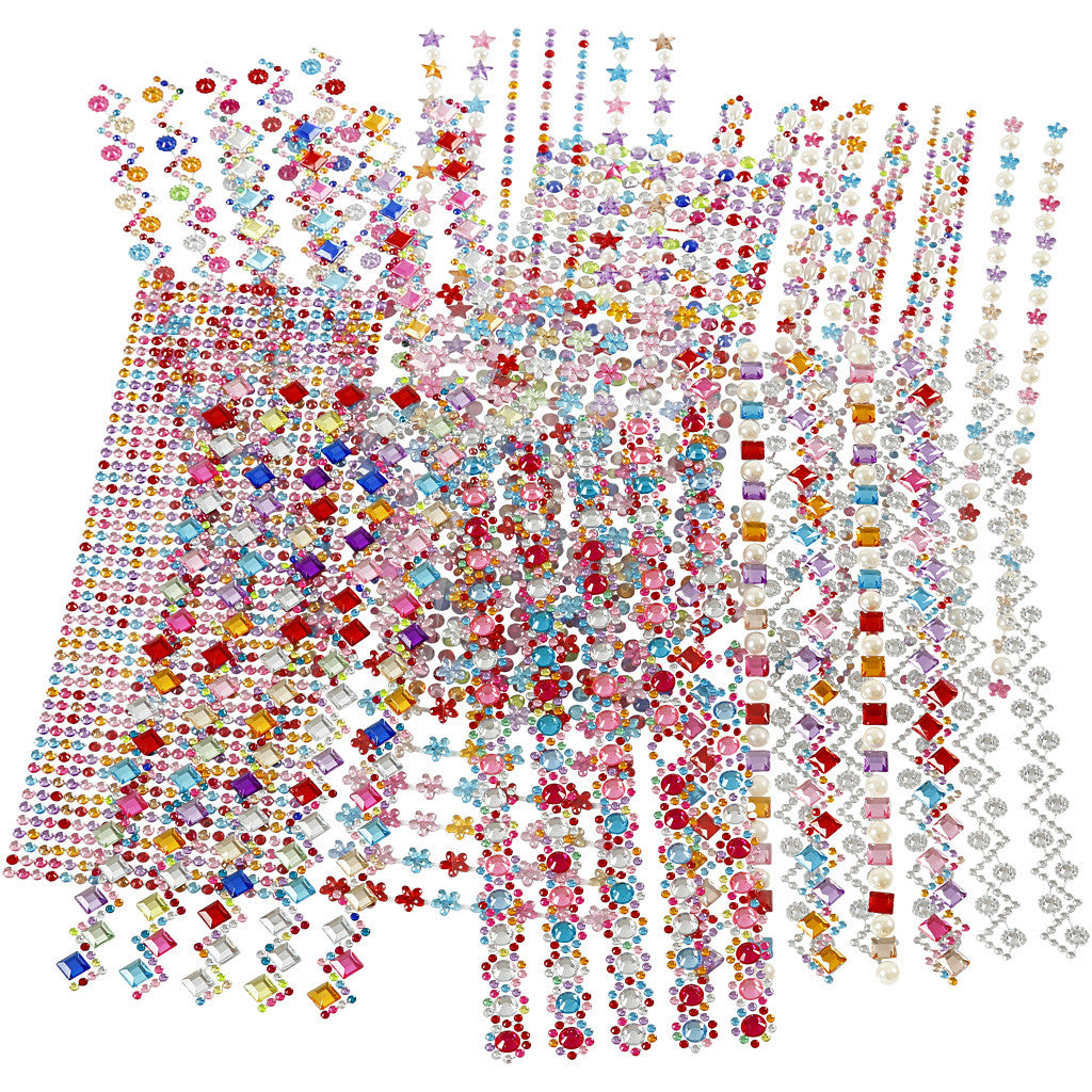Rhinestones/Rhinstenar, Dia. 2-10 mm, ark 27x9 cm, Innehållet kan variera , 12 mix. ark/ 1 förp. [HOB-28402]