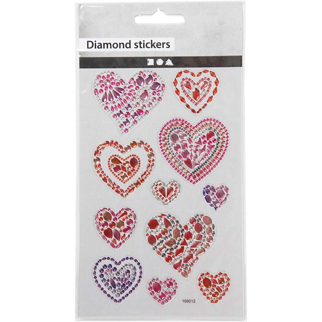 Diamond stickers, hjärtan, ark 10x16 cm, 1 ark [HOB-284039]