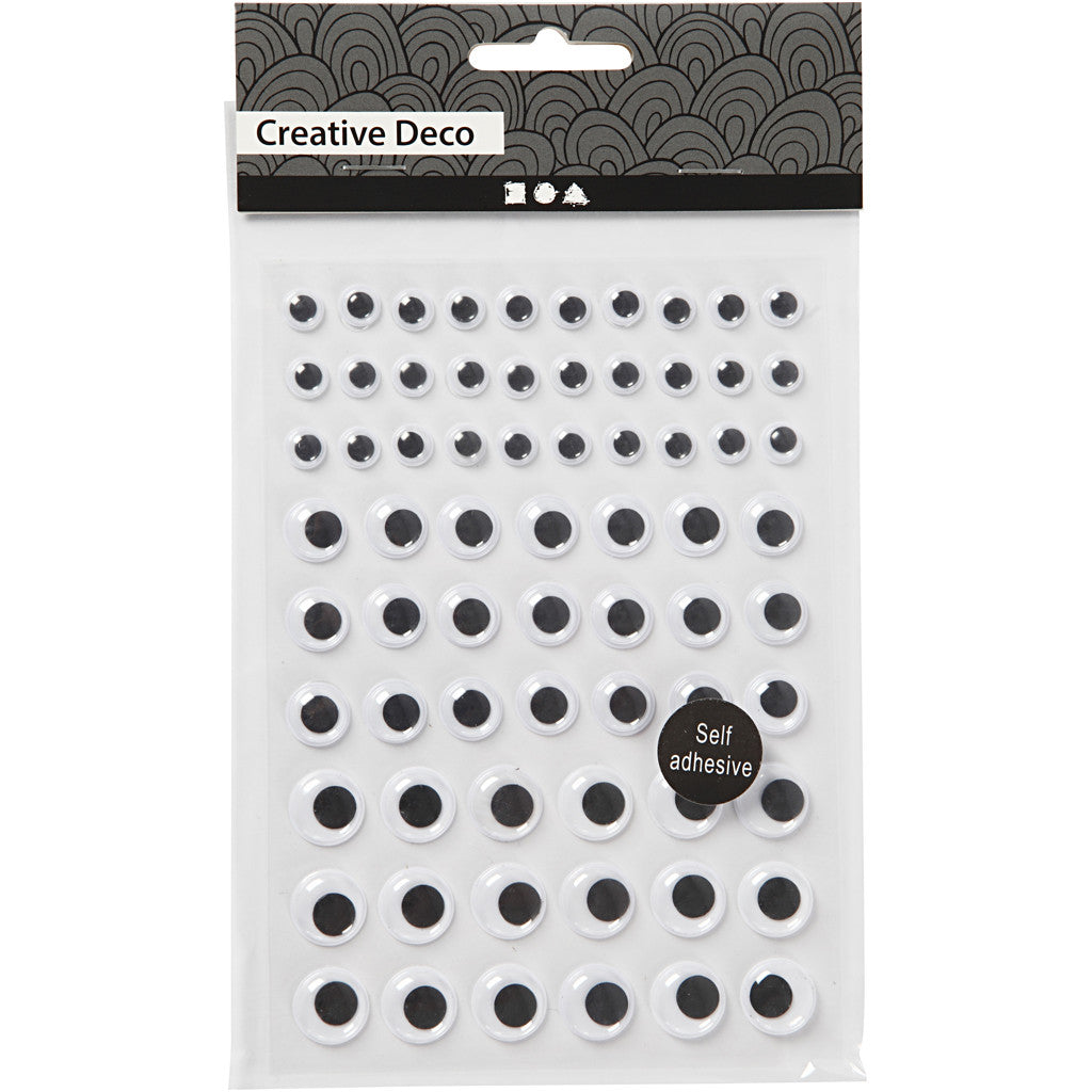 Rörliga ögon, självhäftande, Dia. 8+12+14 mm, vit, 69 st., 1 ark [HOB-28997]