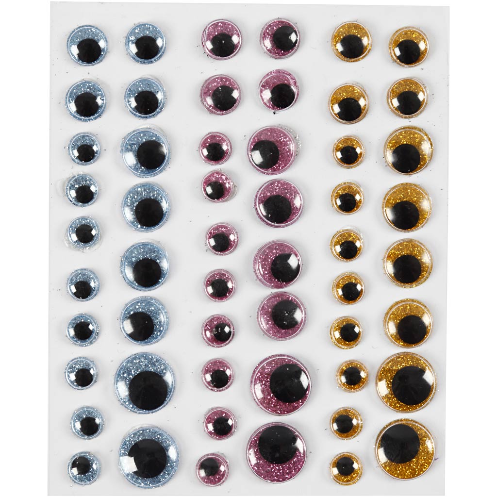 Googly Eyes, dia. 8+10+12+15 mm, light blue, gold, light red, 54 pc/ 1 sheet