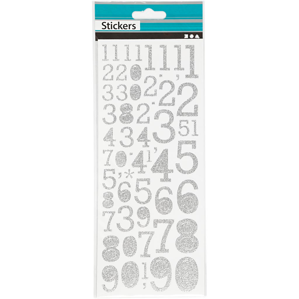 Glitterstickers, siffror, ark 10x24 cm, silver, 2 ark/ 1 förp. [HOB-29109]
