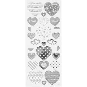Stickers, hjärtan, ark 10x24 cm, ca. 25 st., silver, 1 ark [HOB-29140]