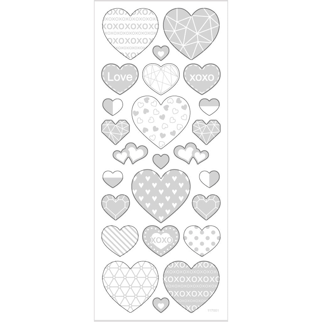 Stickers, hjärtan, ark 10x24 cm, ca. 25 st., silver, 1 ark [HOB-29140]
