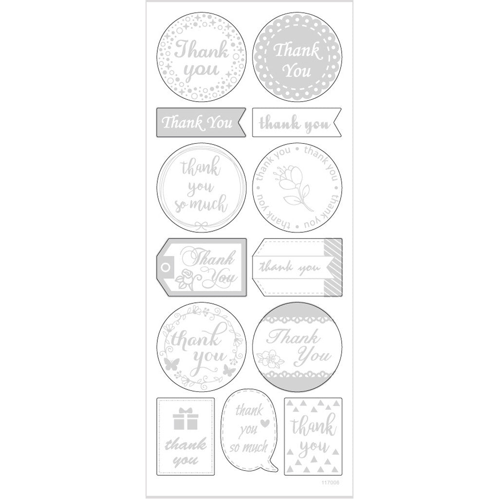 Stickers, thank you, ark 10x24 cm, ca. 13 st., silver, 1 ark [HOB-29141]
