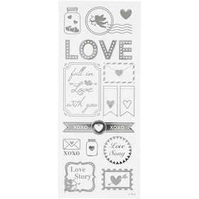 Stickers, love, ark 10x24 cm, ca. 14 st., silver, 1 ark [HOB-29142]