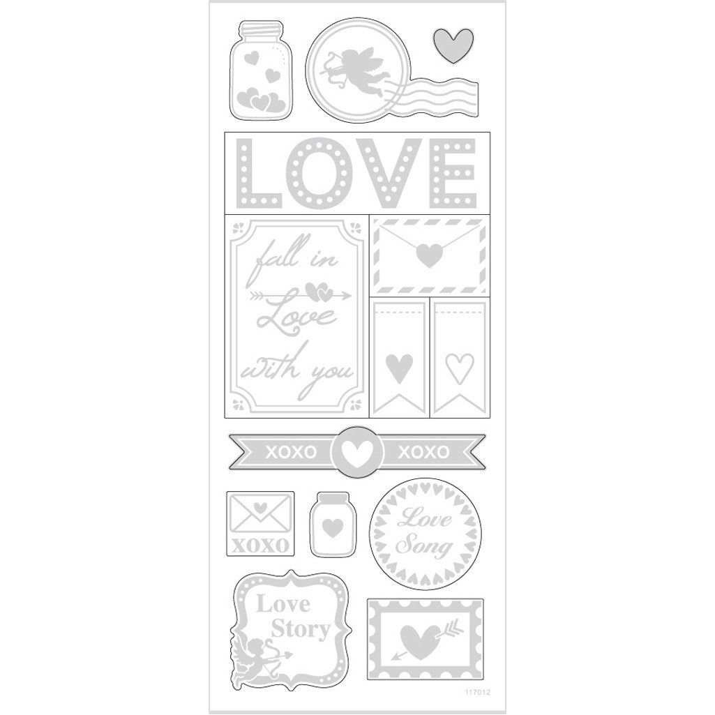 Stickers, love, ark 10x24 cm, ca. 14 st., silver, 1 ark [HOB-29142]