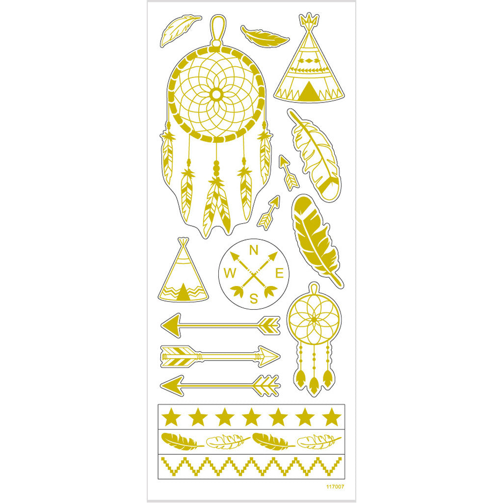 Stickers, indianer, ark 10x24 cm, ca. 17 st., guld, 1 ark [HOB-29145]