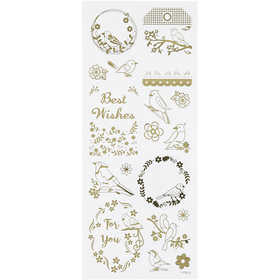 Stickers, fåglar, ark 10x24 cm, ca. 17 st., guld, 1 ark [HOB-29146]