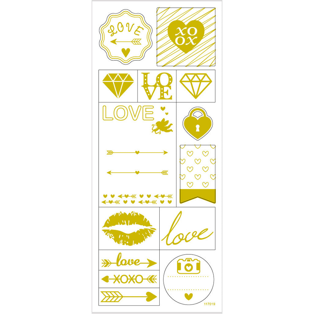 Stickers, love, ark 10x24 cm, ca. 14 st., guld, 1 ark [HOB-29148]