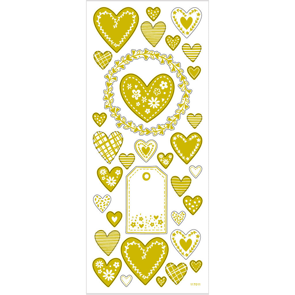 Stickers, hjärtan, ark 10x24 cm, ca. 33 st., guld, 1 ark [HOB-29151]