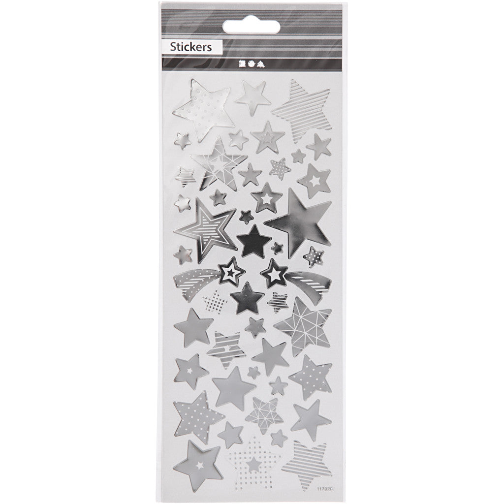 Stickers, stjärnor, ark 10x24 cm, ca. 52 st., silver, 1 ark [HOB-29153]