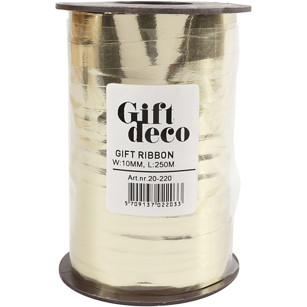 Presentsnöre, B: 10 mm, blank, metallguld, 250 m/ 1 rl. [HOB-20220]