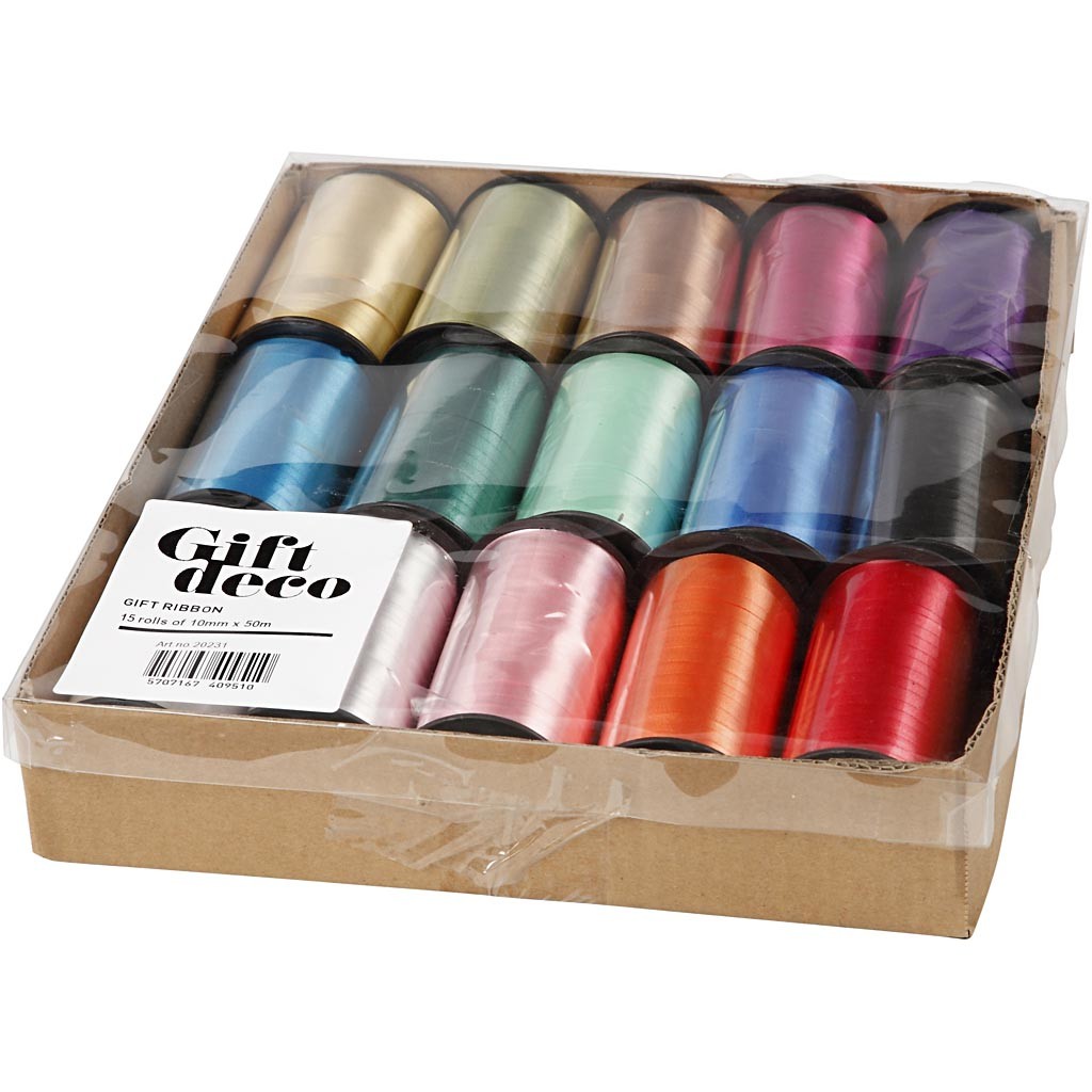 Presentsnören, B: 10 mm, blank, mixade färger, 15x50 m/ 1 förp. [HOB-20231]
