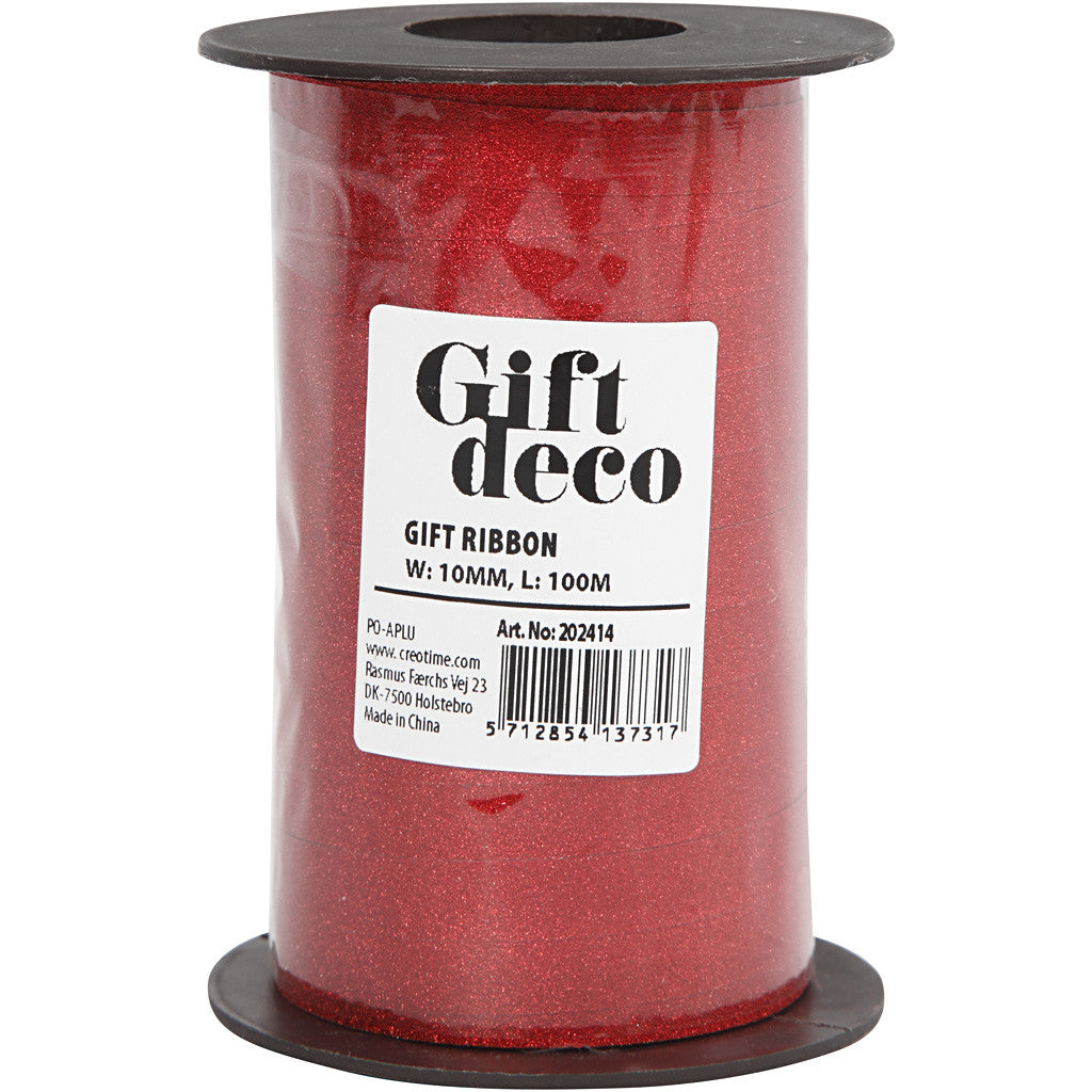 Presentsnören, B: 10 mm, glitter, röd, 100 m/ 1 rl. [HOB-202414]