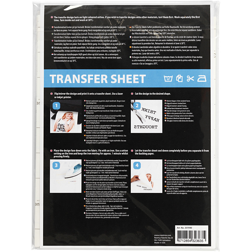 Transferark, ark 21,5x28 cm, till ljusa textilier, transparent, 5 ark/ 1 förp. [HOB-207090]