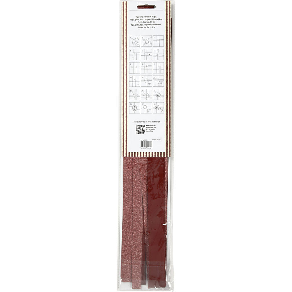 Stjärnstrimlor, L: 44+78 cm, B: 15+25 mm, Dia. 6,5+11,5 cm, glitter,lack, röd, 40 strimlor/ 1 förp. [HOB-20775]