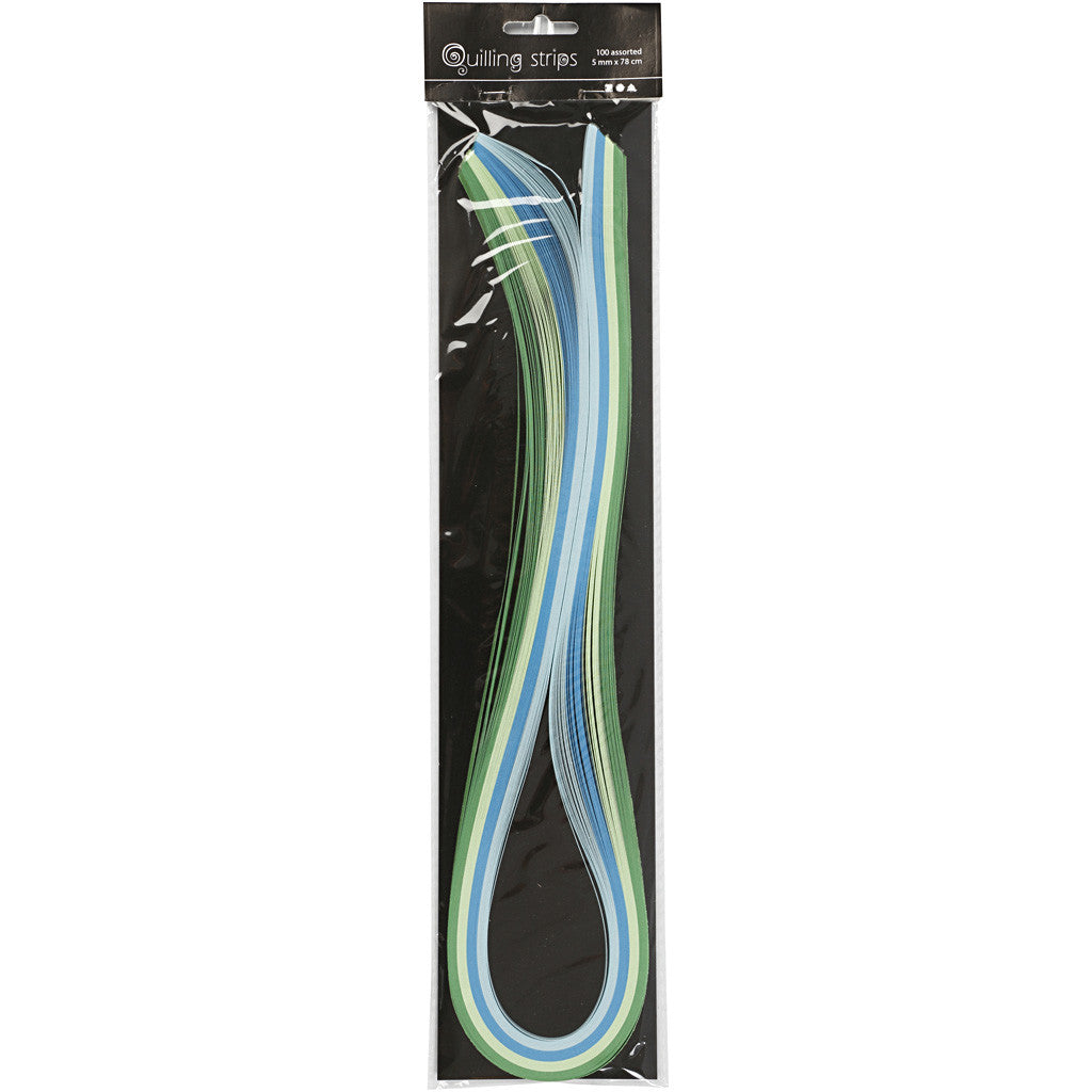 Quilling strimlor, L: 78 cm, B: 5 mm, 120 g, blå, grön, limegrön, turkos, 100 st./ 1 förp. [HOB-20796]