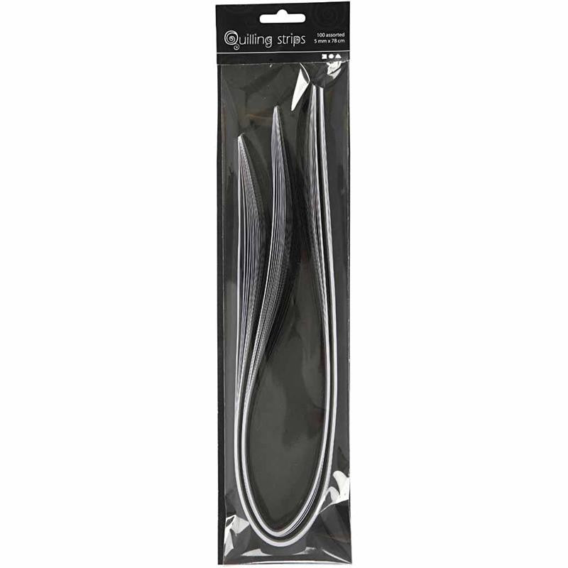 Quilling strimlor, L: 78 cm, B: 5 mm, 120 g, svart, grå, vit, 100 st./ 1 förp. [HOB-20797]