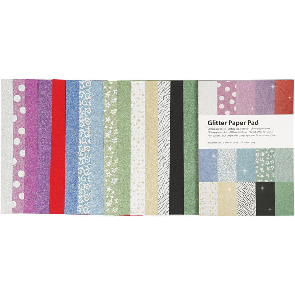 Glitterpapper i block, A4, ark 210x297 mm, 150 g, 30 ark/ 1 st. [HOB-21062]