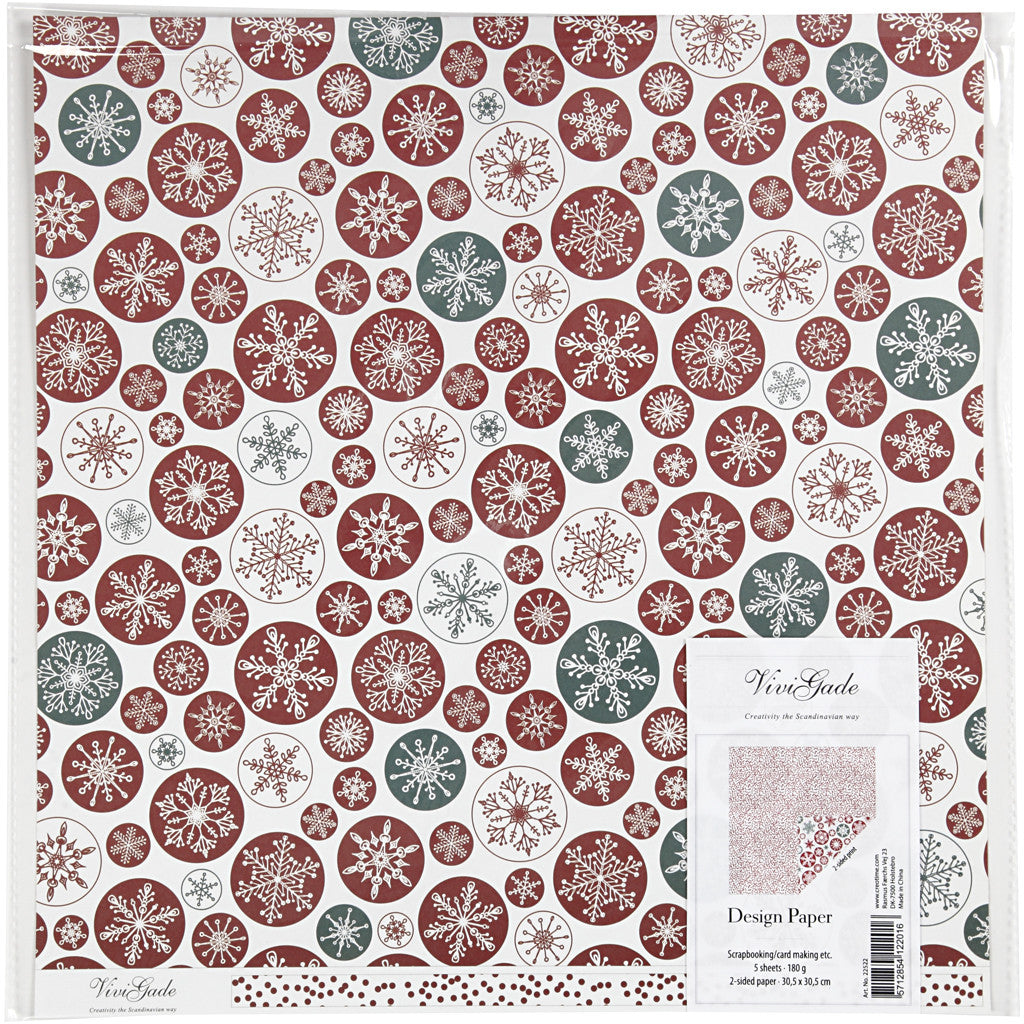 Designpapper, snöflingor & prickar, ark 30,5x30,5 cm, 180 g, 5 ark/ 1 förp. [HOB-22522]