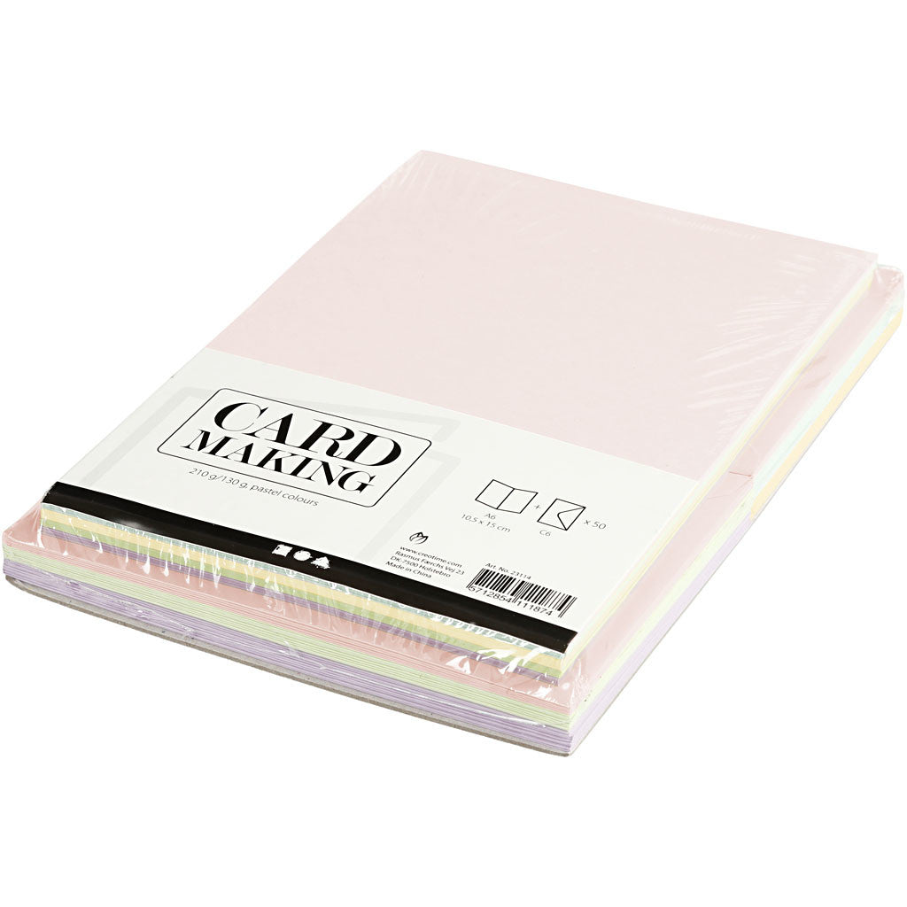 Kort och kuvert, kortstl. 10,5x15 cm, kuvertstl. 11,5x16,5 cm, 110+220 g, pastellfärger, 50 set/ 1 förp. [HOB-23114]