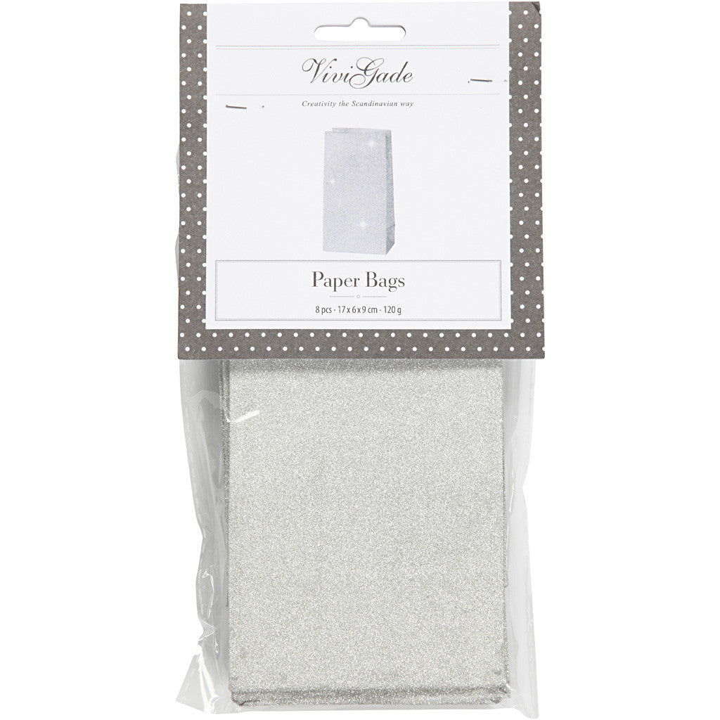 Papperspåsar, H: 17 cm, stl. 6x9 cm, 120 g, silver, 8 st./ 1 förp. [HOB-23137]