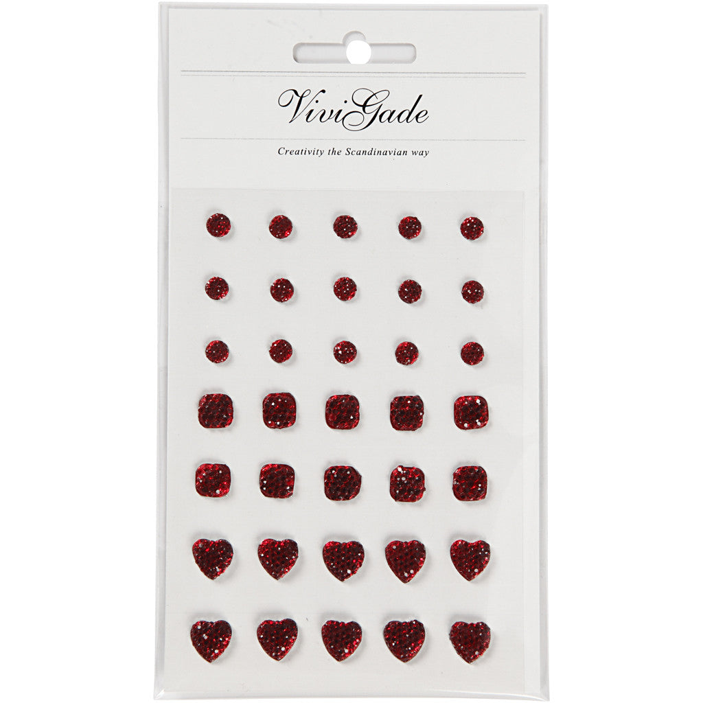  Rhinestones, red, round, square, heart, 6+8+10 mm, 35 pc, 1 pack [HOB-24375]