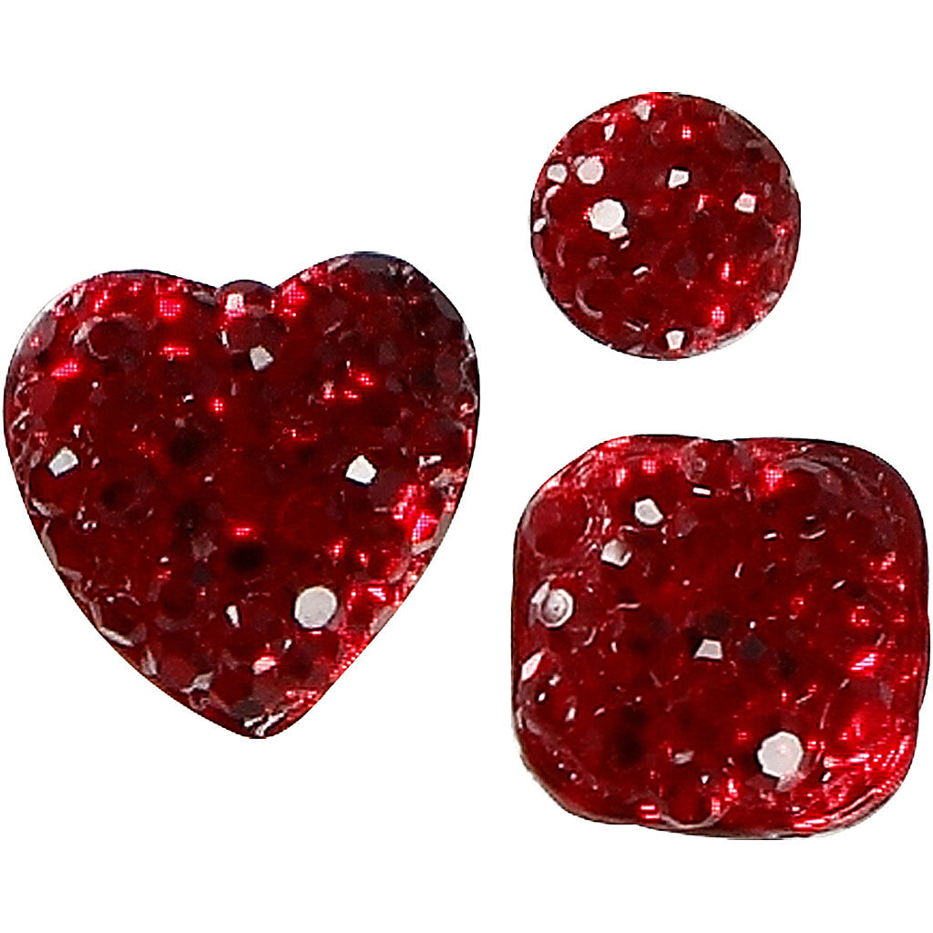  Rhinestones, red, round, square, heart, 6+8+10 mm, 35 pc, 1 pack [HOB-24375]