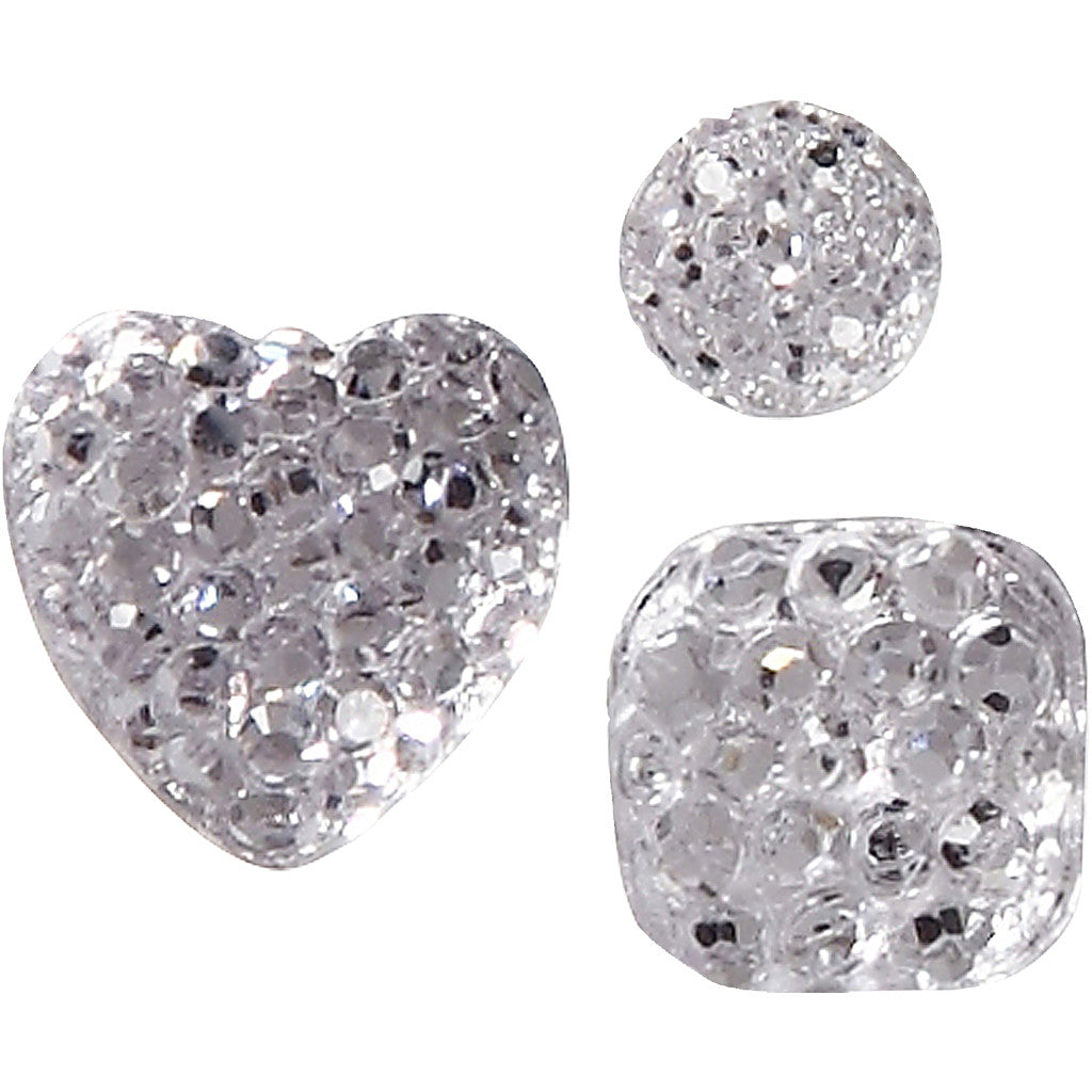 Rhinestones, (rund, fyrkant, hjärta), stl. 6+8+10 mm, silver, 35 st./ 1 förp. [HOB-24377]