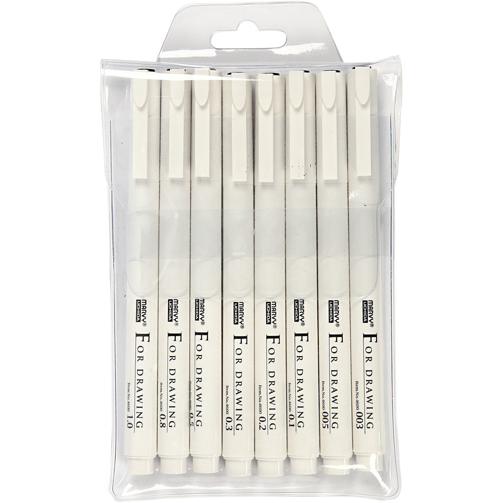 Fine Line skriv/rittusch, spets 0,03+0,05+0,1+0,2+0,3+0,5+0,8+1,0 mm, svart, 8 st./ 1 förp. [HOB-25011]