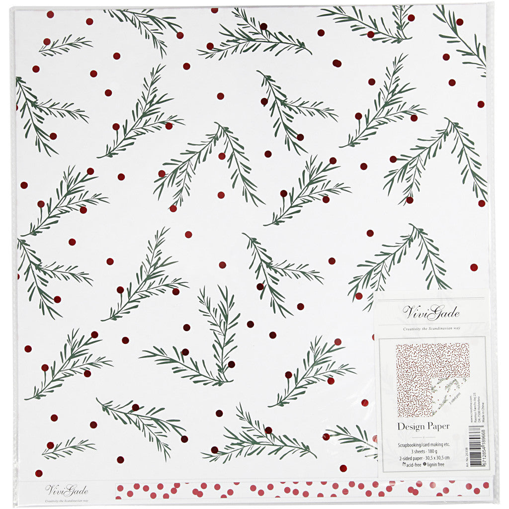Designpapper, grangren och prickar, ark 30,5x30,5 cm, 180 g, guld, grön, röd, vit, 3 ark/ 1 förp. [HOB-25338]