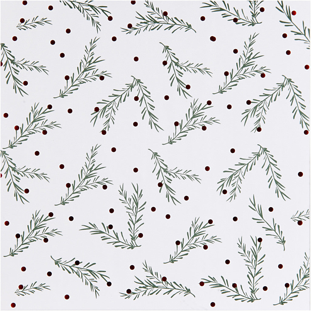 Designpapper, grangren och prickar, ark 30,5x30,5 cm, 180 g, guld, grön, röd, vit, 3 ark/ 1 förp. [HOB-25338]
