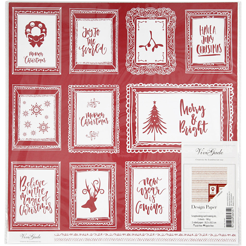 Designpapper, ramar med text och doodles, ark 30,5x30,5 cm, 180 g, 5 ark/ 1 förp. [HOB-25341]