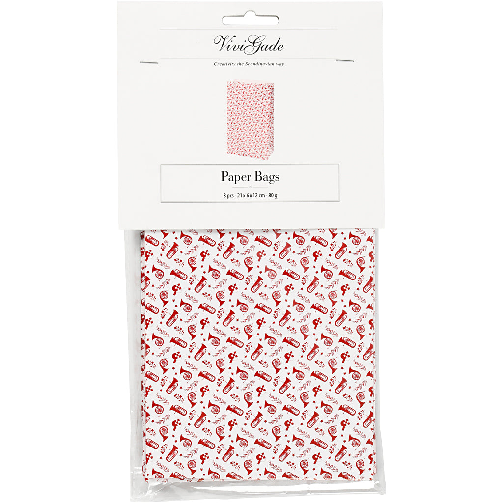 Papperspåsar, trumpet, H: 21 cm, stl. 6x12 cm, 80 g, röd, vit, 8 st./ 1 förp. [HOB-25352]