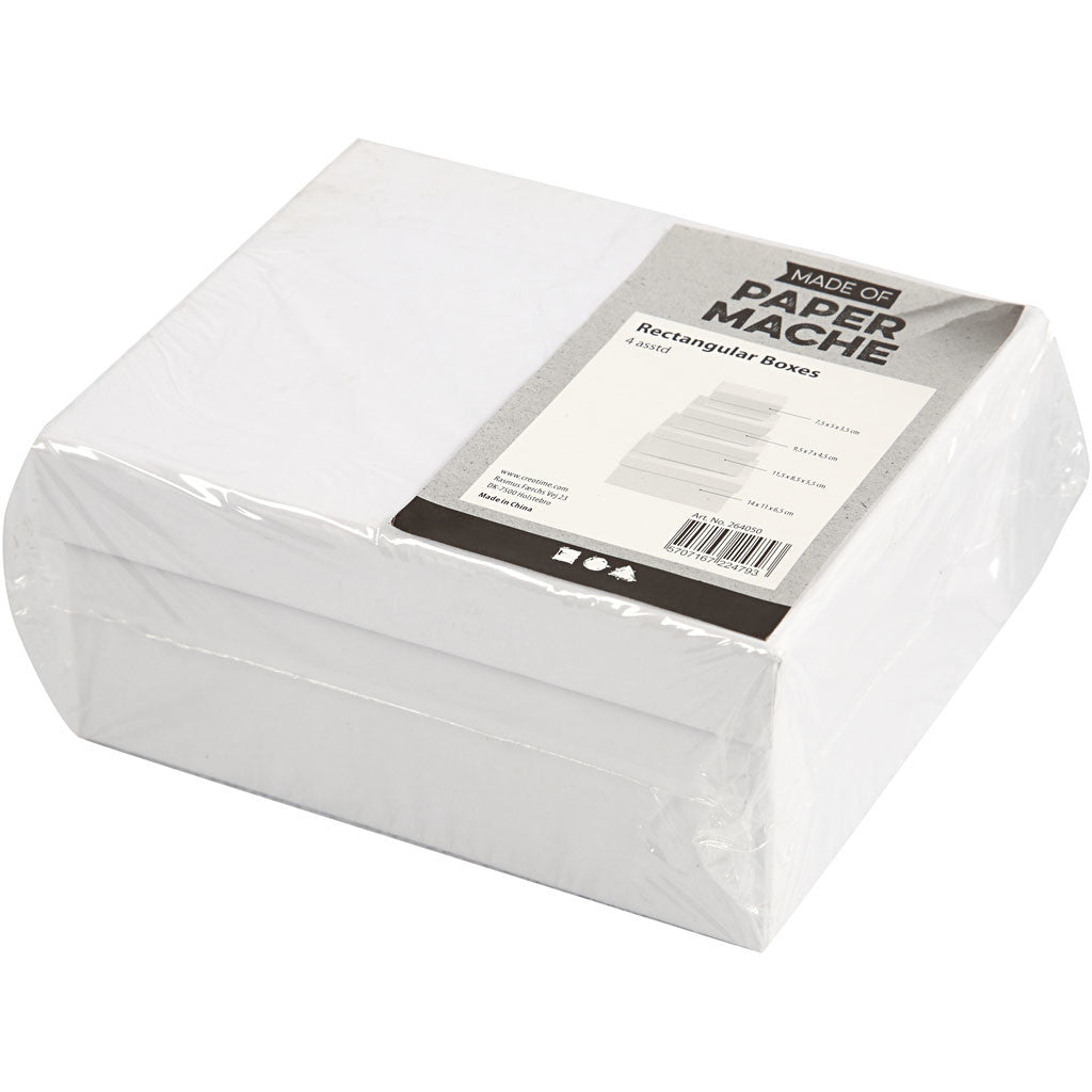 Rektangulära Askar, H: 3,5+4,5+5,5+6,5 cm, stl. 7,5x5 + 9,5x7 + 11,5x8,5 + 14x11 cm, vit, 4 st./ 1 set [HOB-264050]