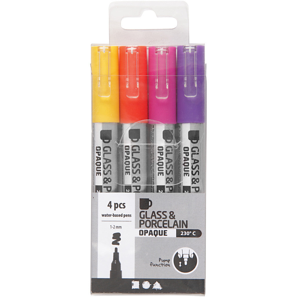 Glas- och porslinstusch, spets 1-2 mm, semi opaque, orange, lila, ljusröd, gul, 4 st./ 1 förp. [HOB-31335]