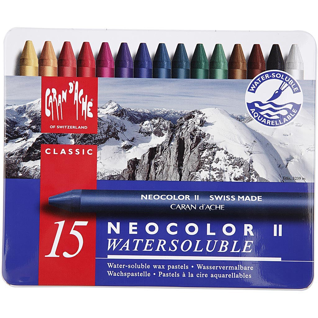 CARAN D’ACHE Neocolor II akvarellkritor, L: 10 cm, tjocklek 8,5 mm, mixade färger, 15 st./ 1 förp. [HOB-34042]