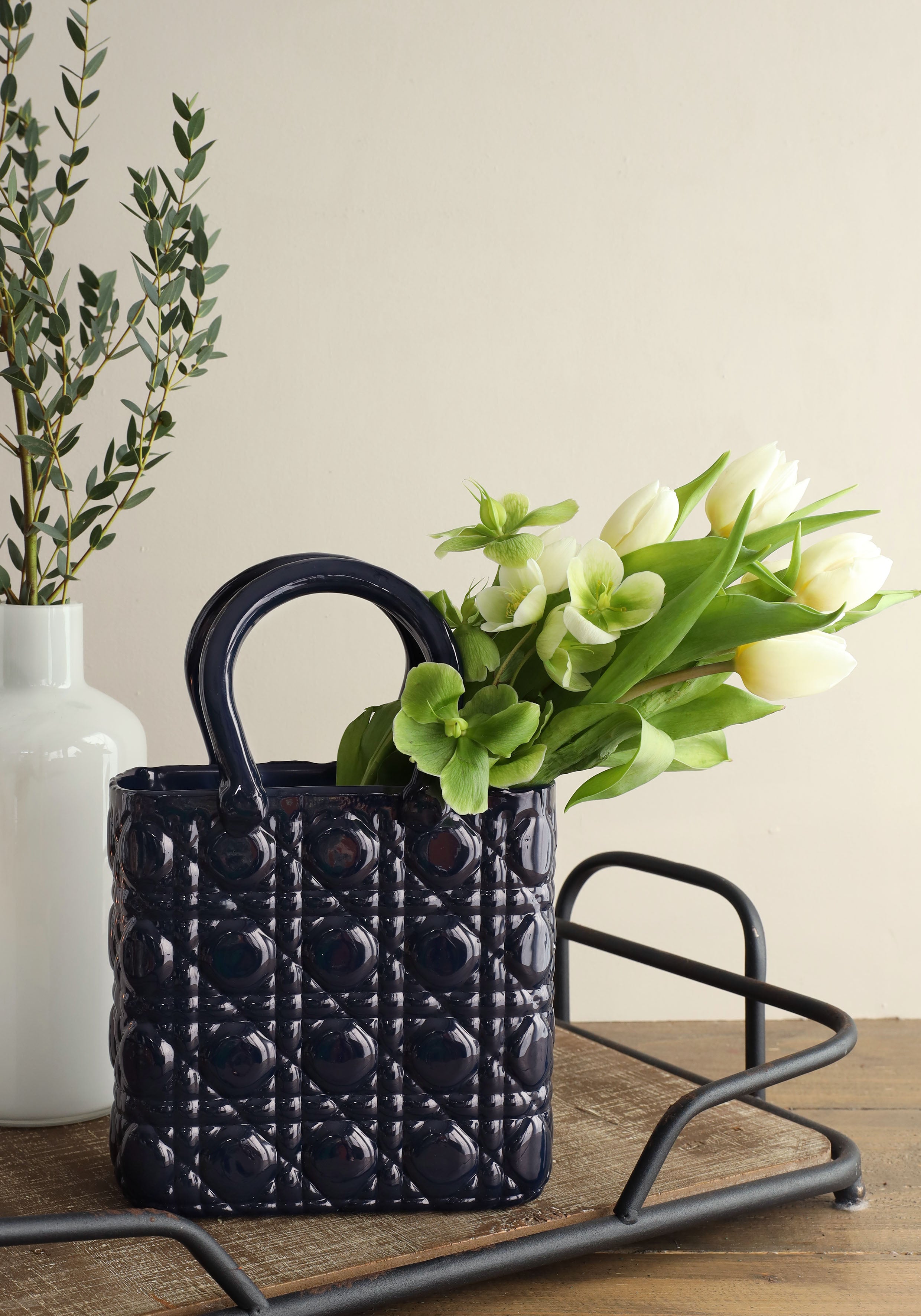 Handväska vas Elysee glashandtag L.14 x B.9,5 x H.22 cm mörkblå (1 st) [IFS-37234]