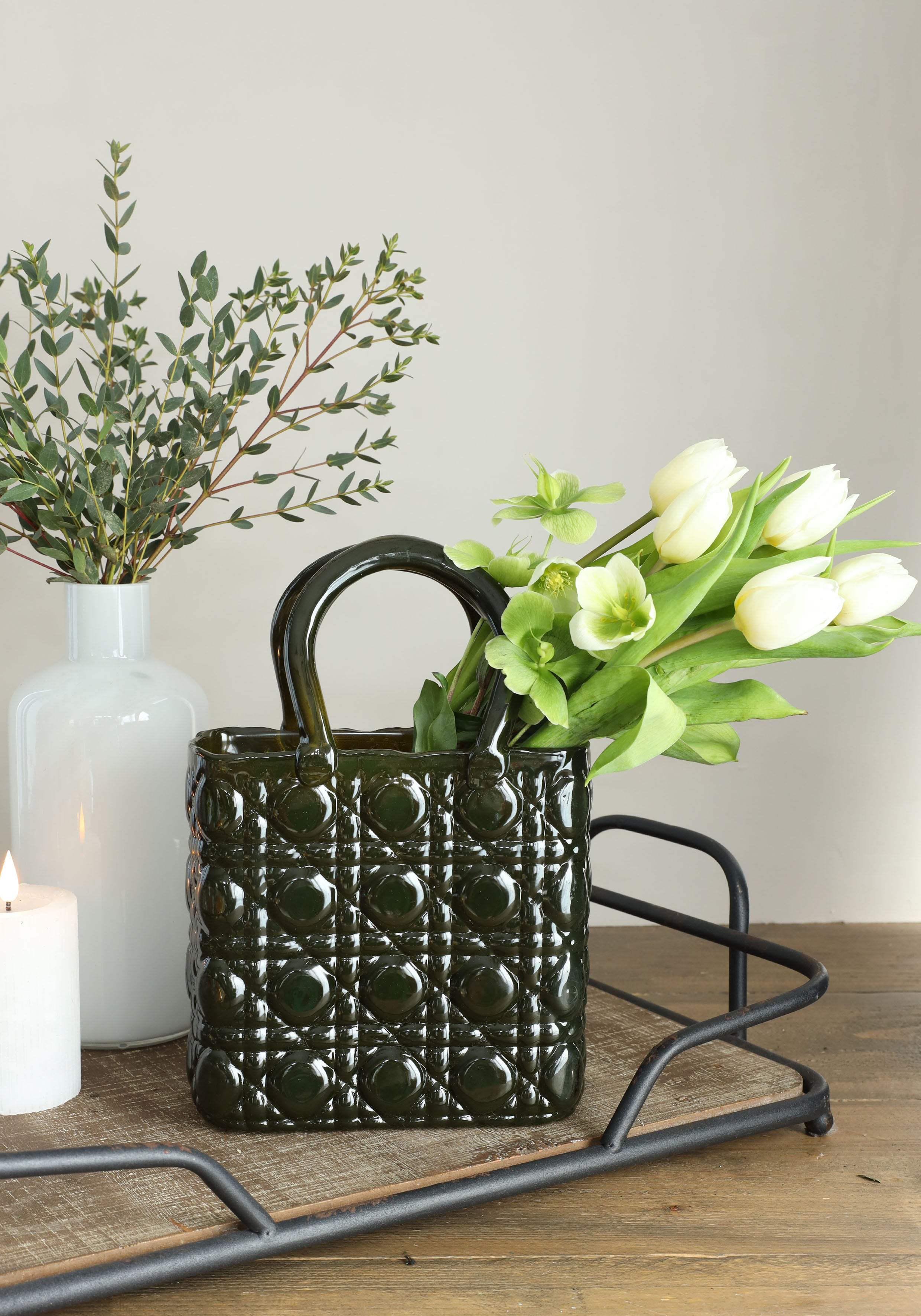 Handväska vas Elysee glashandtag L.19 x B.11 x H.28 cm mörkgrön (1 st) [IFS-37245]