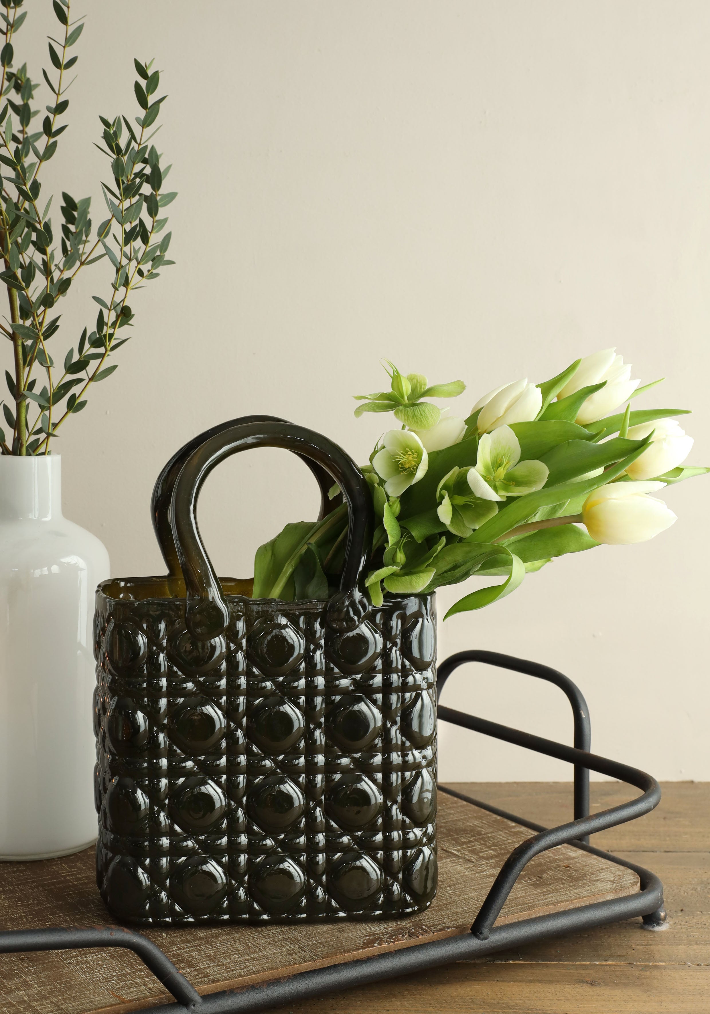 Handväska vas Elysee glashandtag L.19 x B.11 x H.28 cm mörkgrön (1 st) [IFS-37245]