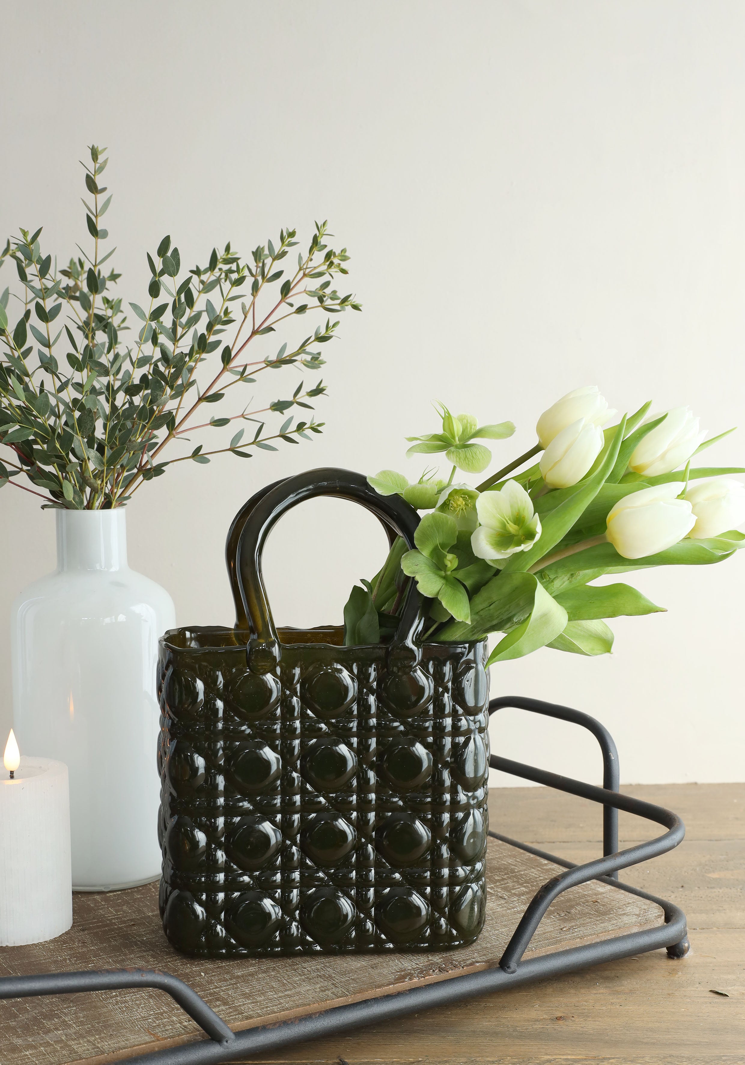 Handväska vas Elysee glashandtag L.19 x B.11 x H.28 cm mörkgrön (1 st) [IFS-37245]