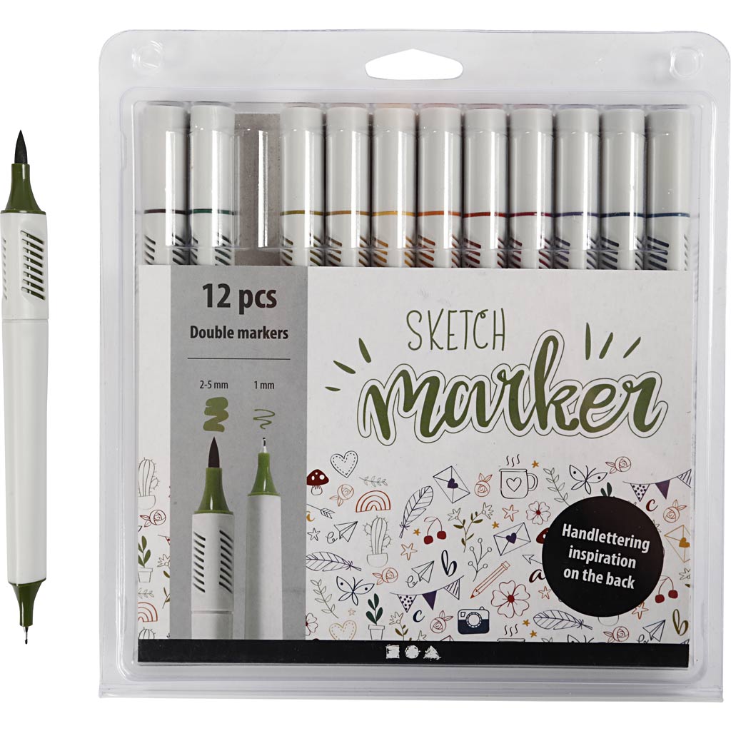 Sketch markers, spets 1+2-5 mm, dova färger, 12 st./ 1 förp. [HOB-37379]