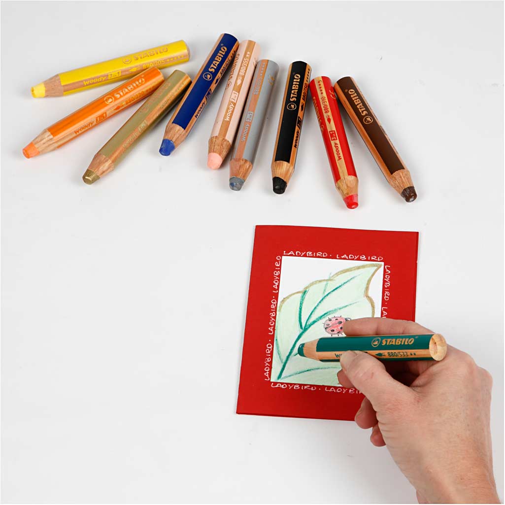 Woody 3-i-1 färgpennor, L: 11 cm, tjocklek 16 mm, kärna 10 mm, mixade färger, 10 st./ 1 förp. [HOB-38190]